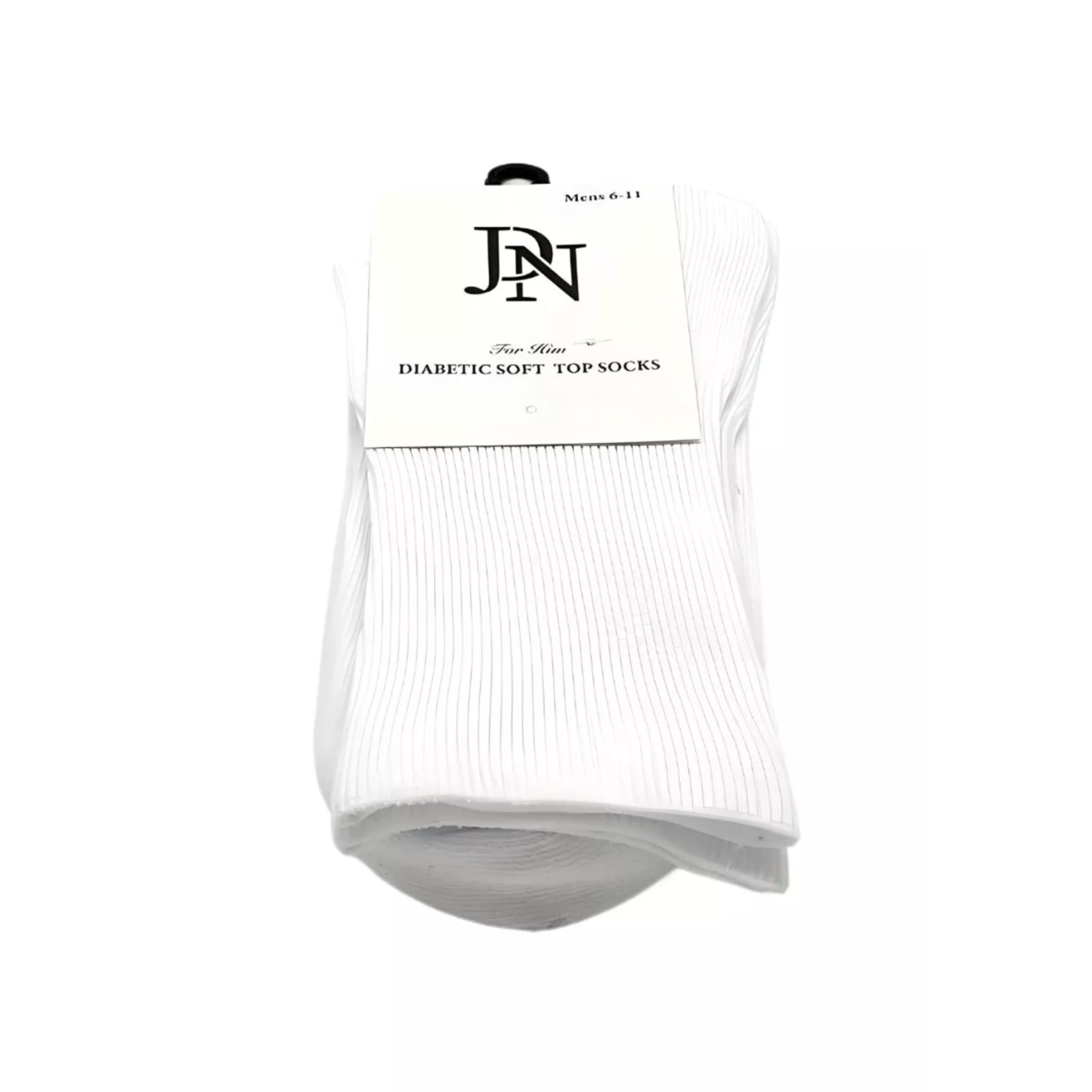 Mens JDN branded white diabetic socks with non-elastic soft top for comfort and circulation support